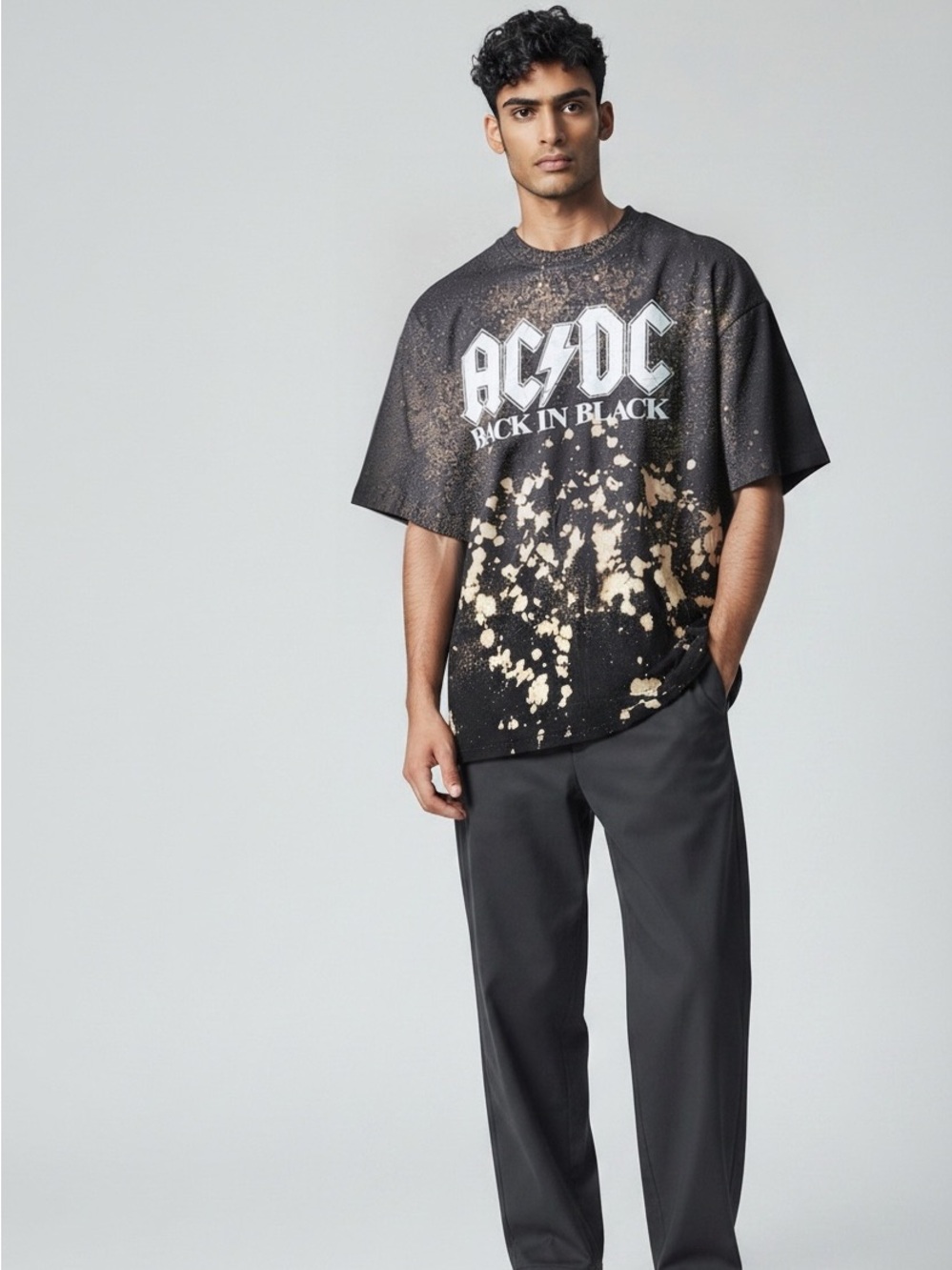 AC/DC Back In Black Acid Washed Graphic T-Shirt